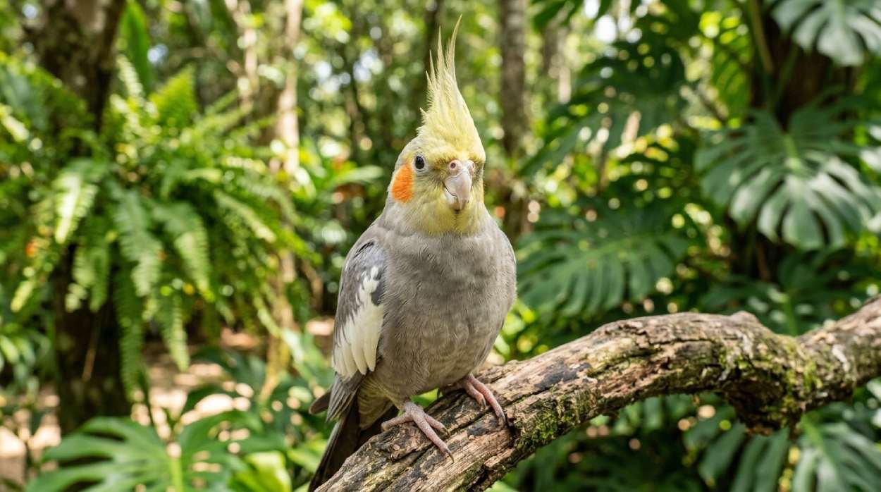 Gray cockatiel with a raised yellow crest and orange cheeks looking at the camera, perfect for cockatiel names like Crest or Mohawk