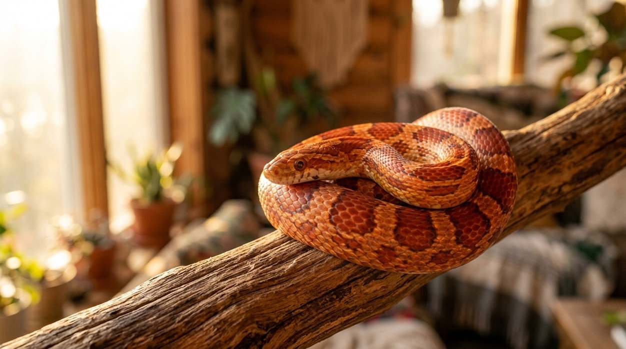 Orange and red corn snake with bold saddle markings resting on bark, ideal for snake names like Ember or Maize
