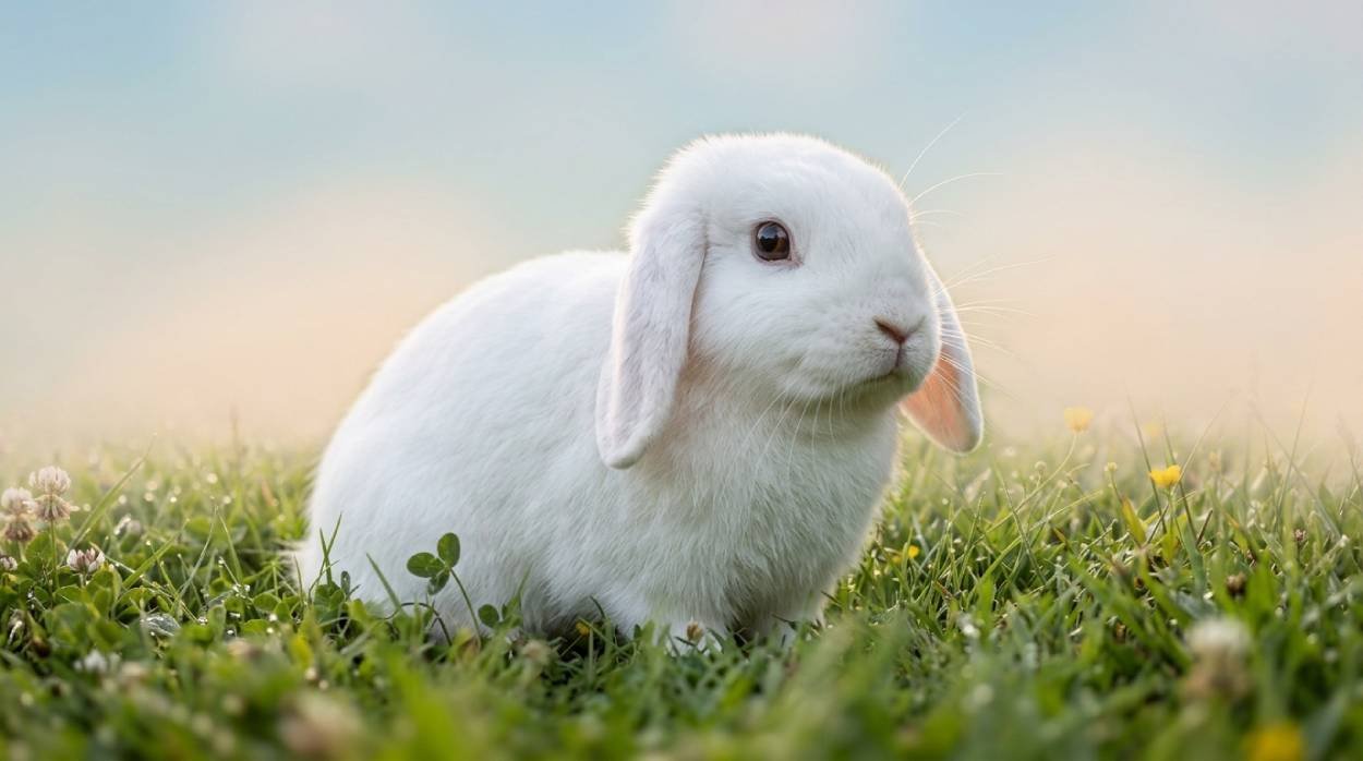 Holland lop bunny with floppy ears in a soft pastel setting, perfect for cute bunny names like Button or Mochi