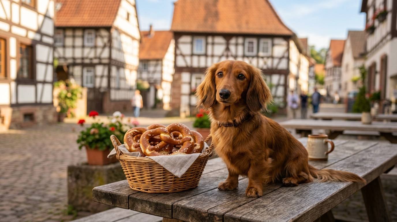 Dachshund sitting next to a basket of pretzels with a German village behind, a match for German wiener dog names like Pretzel and Strudel