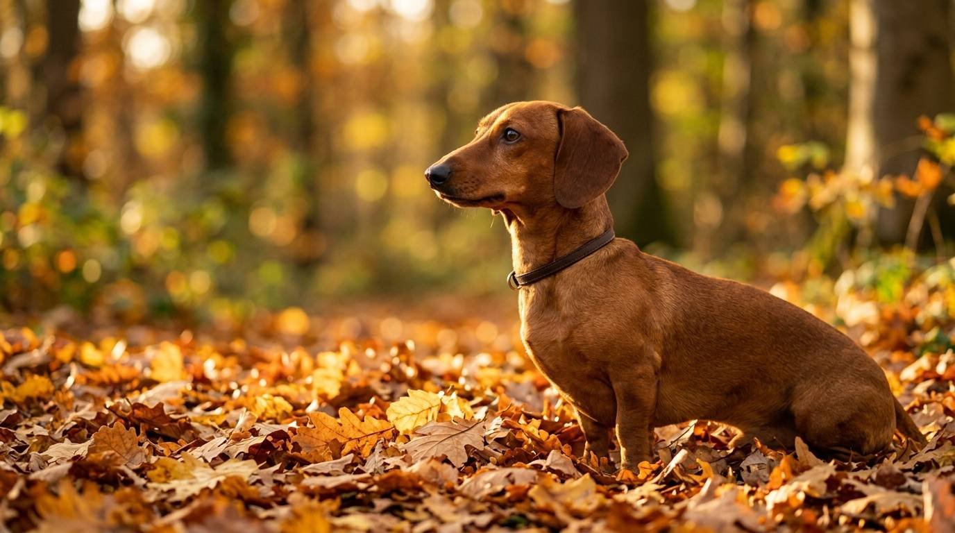 Red smooth-coated dachshund sitting in autumn leaves, inspiration for wiener dog names