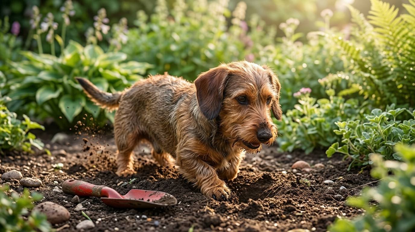 Wirehaired dachshund digging in a garden, a match for tough wiener dog names like Badger and Digger