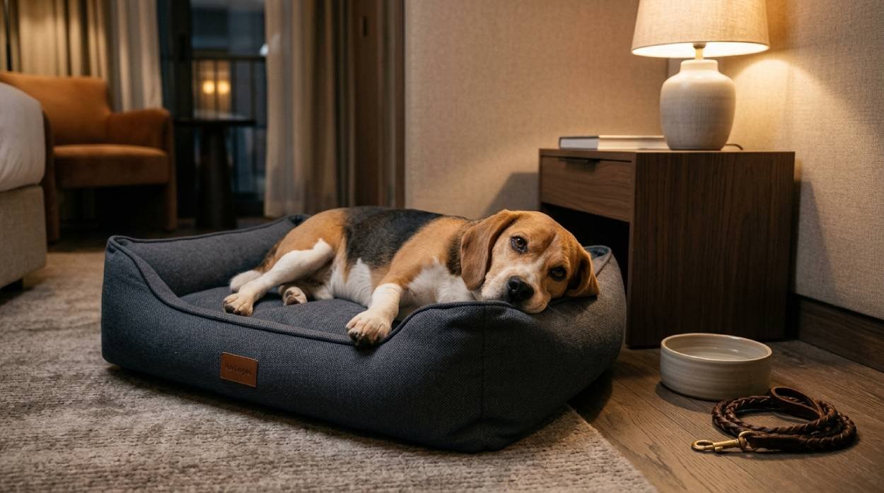 Beagle relaxing on its own travel bed in a cozy pet-friendly hotel room