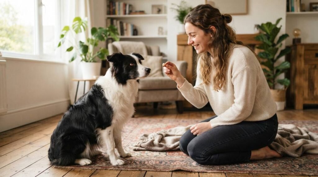Owner rewarding an attentive dog with a treat during a short positive reinforcement training session at home