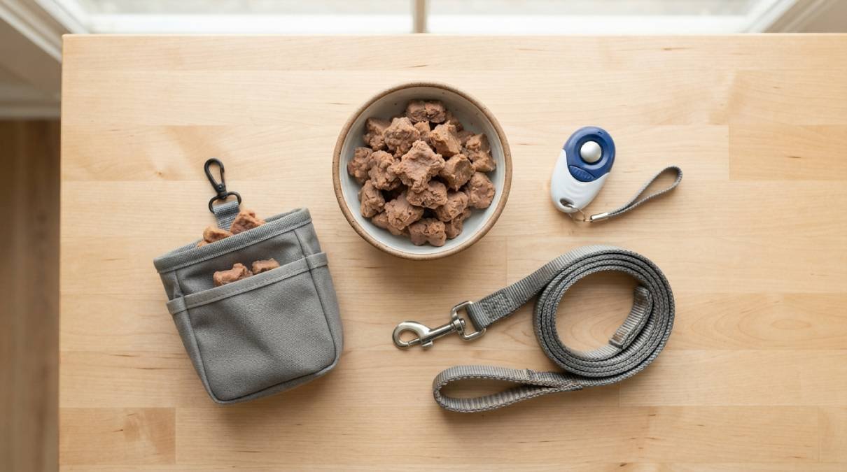 Training treats, a clicker and a leash laid out on a table for a dog training session
