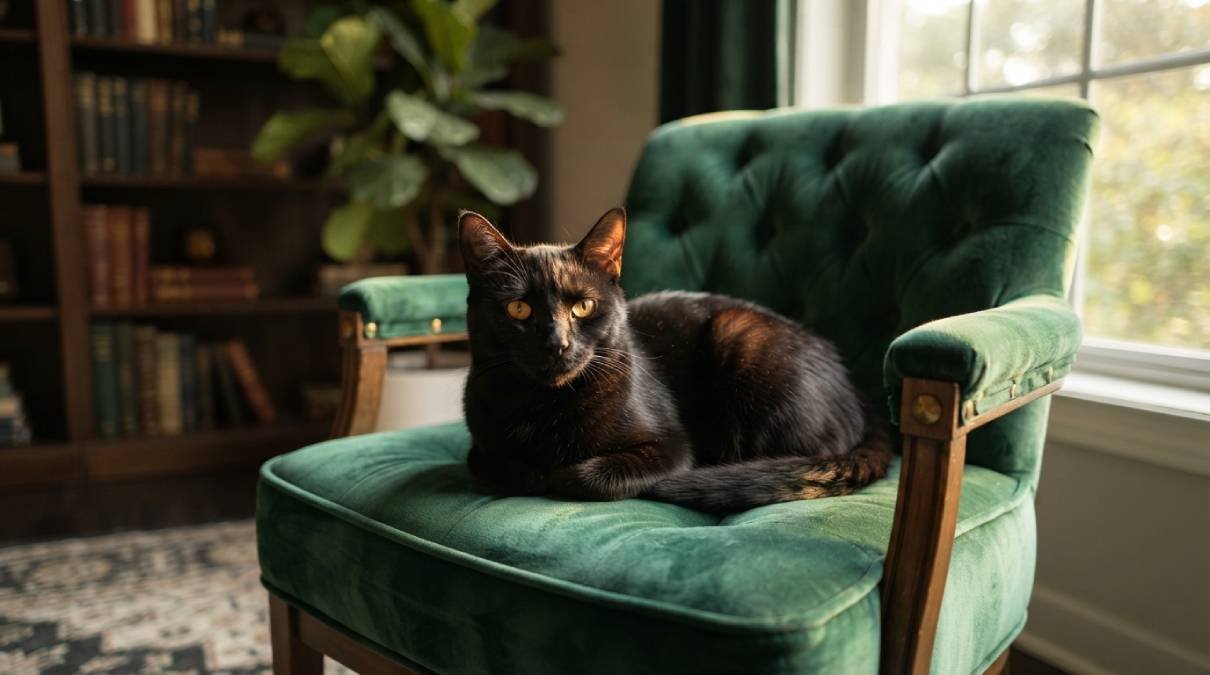 Elegant black cat with golden eyes resting on an emerald green velvet armchair, representing classy black cat names