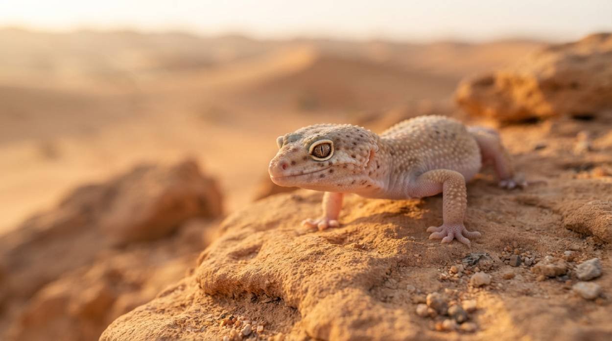 Pale gecko on a sandstone rock in desert light, representing desert gecko names like Sahara and Dune