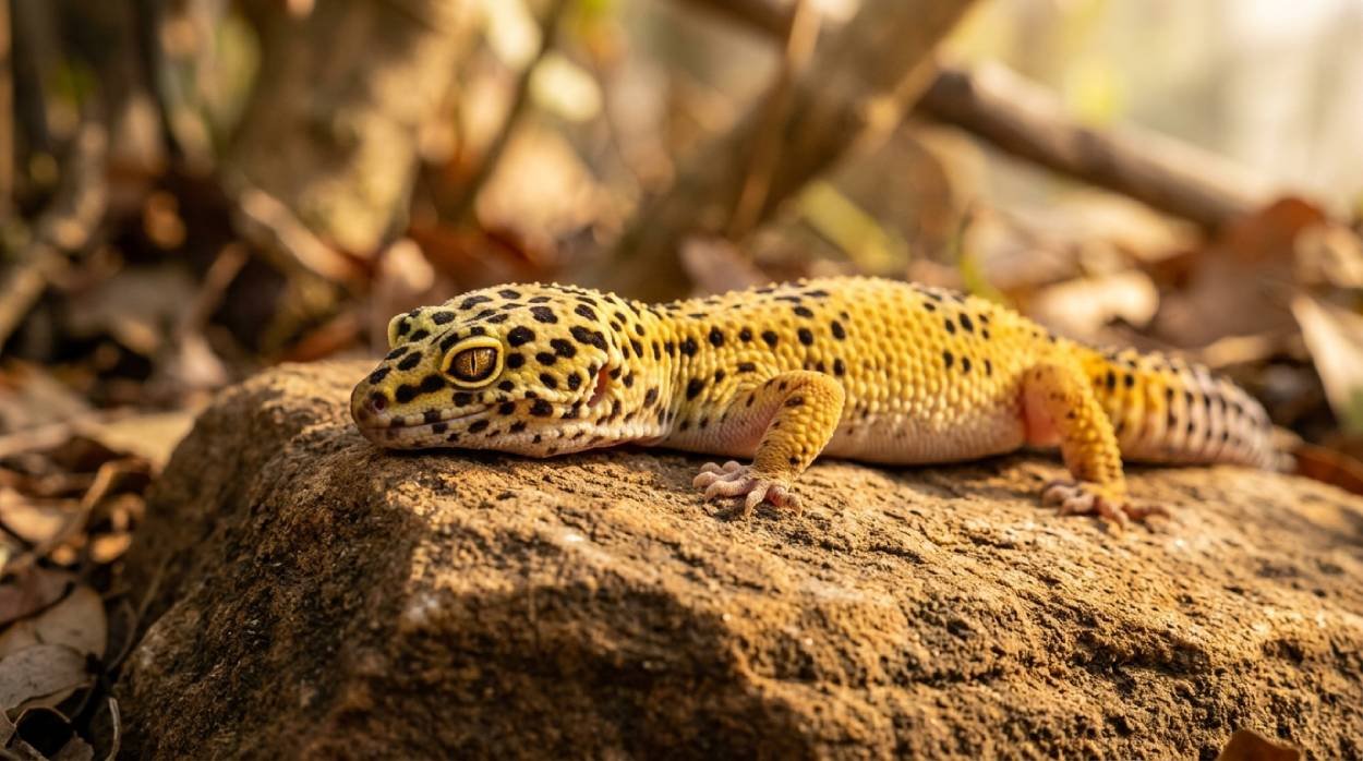 Leopard gecko with yellow skin and black spots resting on a warm rock, representing the best gecko names