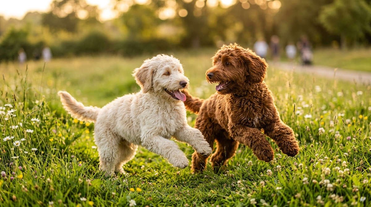 Apricot and red Goldendoodles playing in a park, a match for Goldendoodle names by coat color
