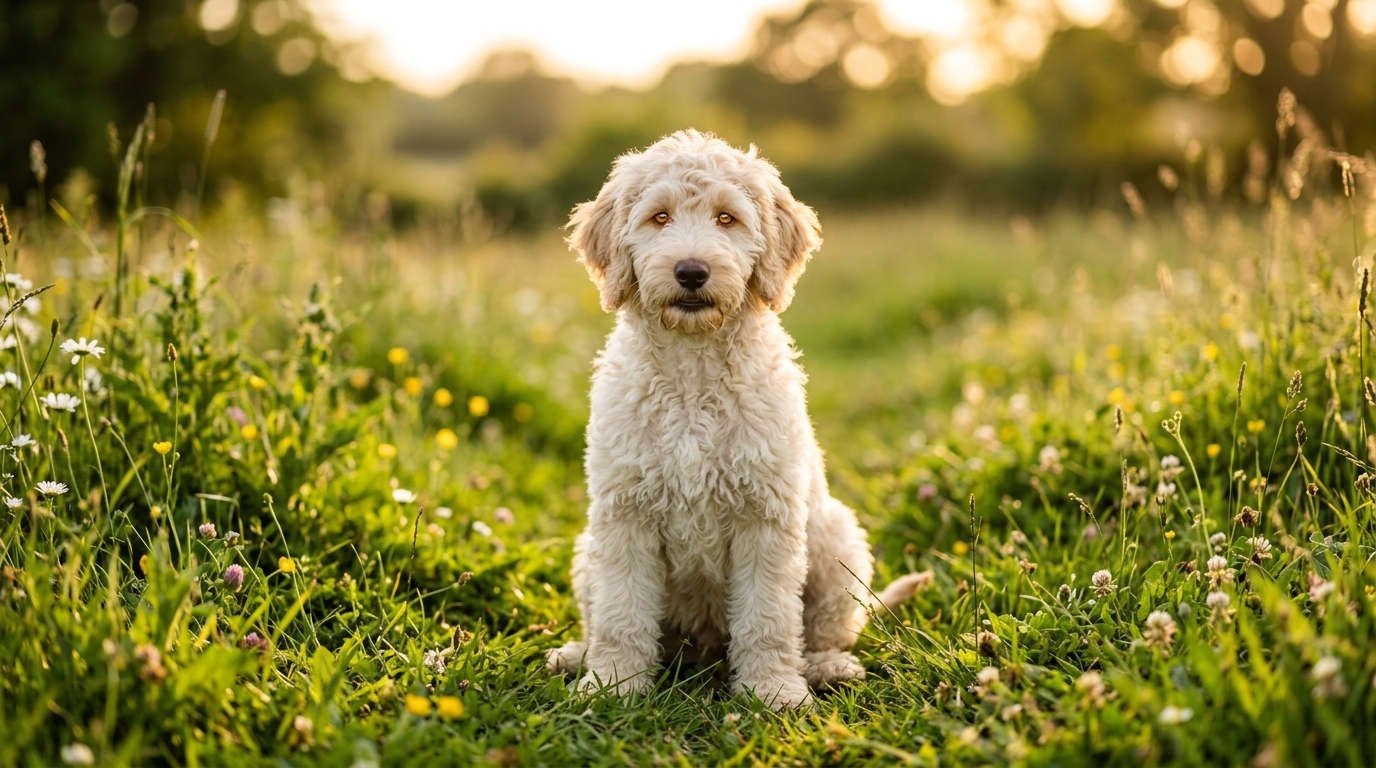 Cream Goldendoodle puppy sitting in a sunny meadow, inspiration for Goldendoodle names