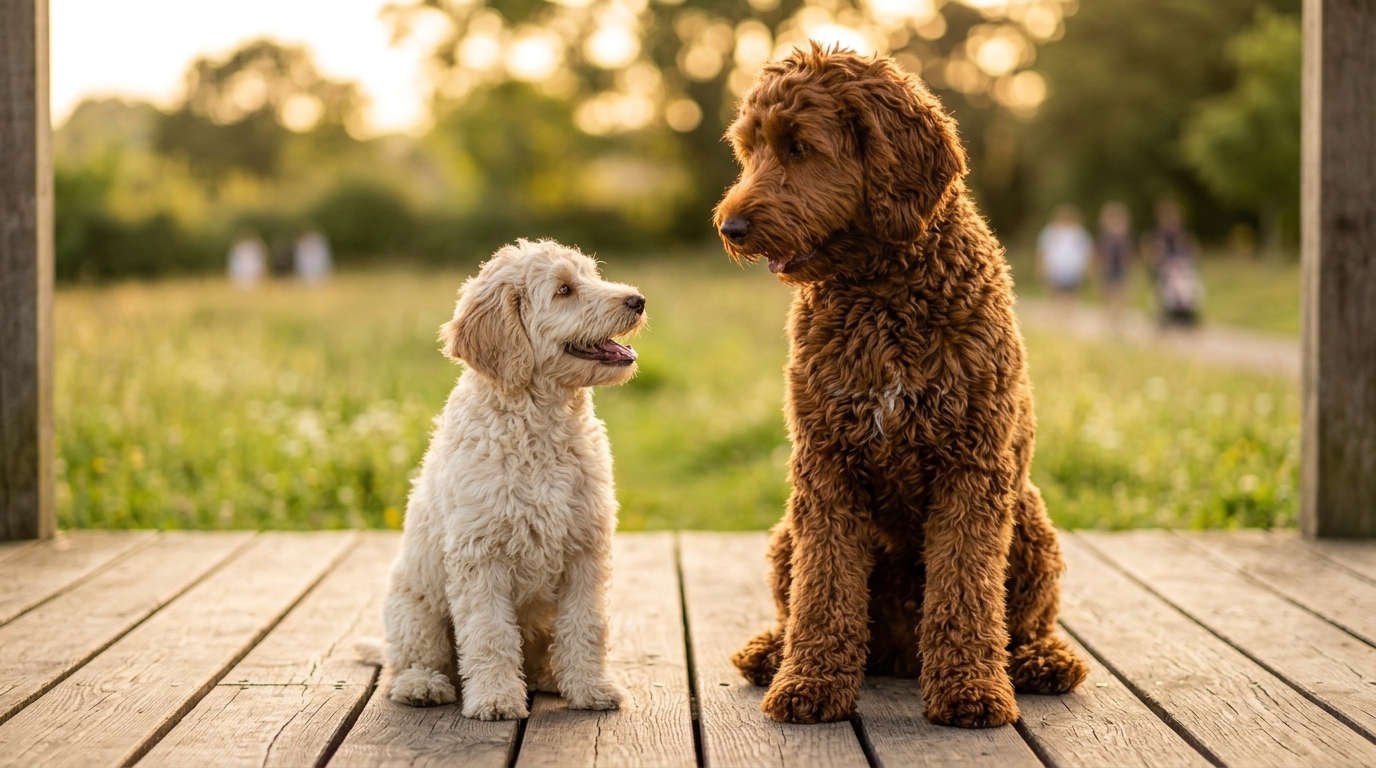 Miniature and standard Goldendoodles sitting side by side, showing the size range behind Goldendoodle names