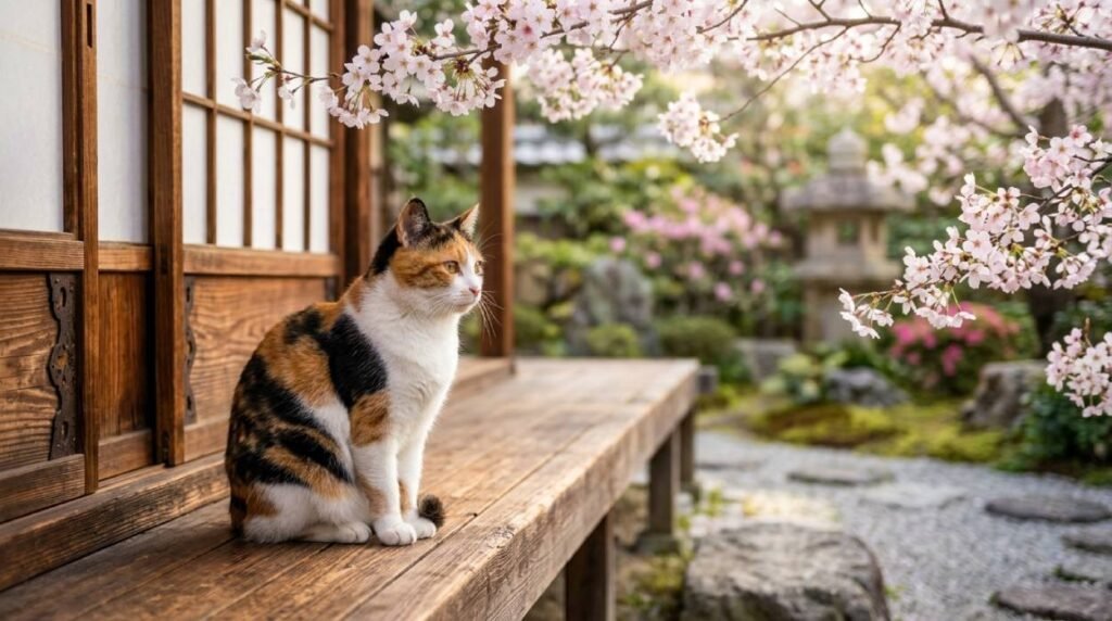 Calico cat sitting on a wooden veranda under cherry blossoms, inspiring Japanese cat names