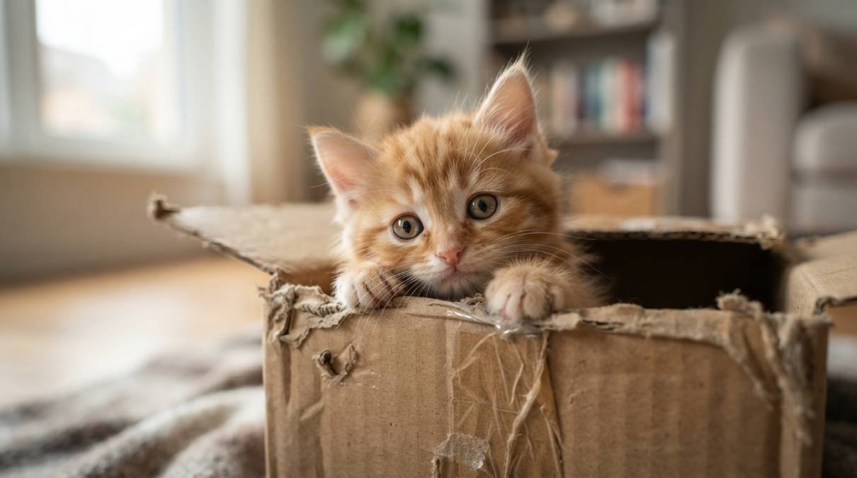 Tiny kitten with wide eyes peeking out of a cardboard box, inspiring cute kitten names like Pip and Peanut