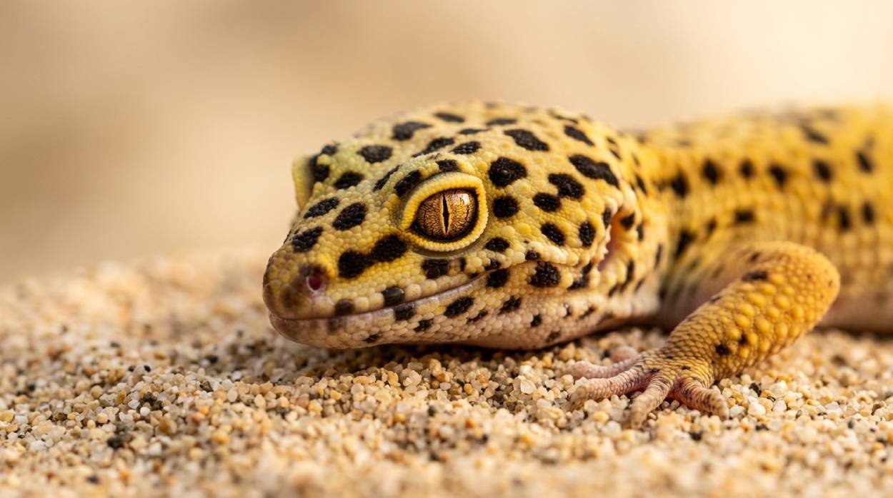 Close-up of a spotted leopard gecko with bright eyes on sand, ideal for spot-inspired gecko names like Domino or Freckles