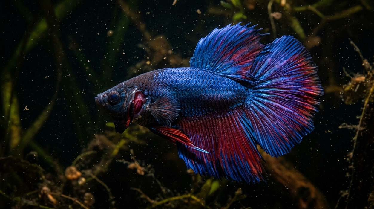 Male betta fish flaring its fins and gill covers in a fighting pose, inspiring male betta fish names like Spartacus