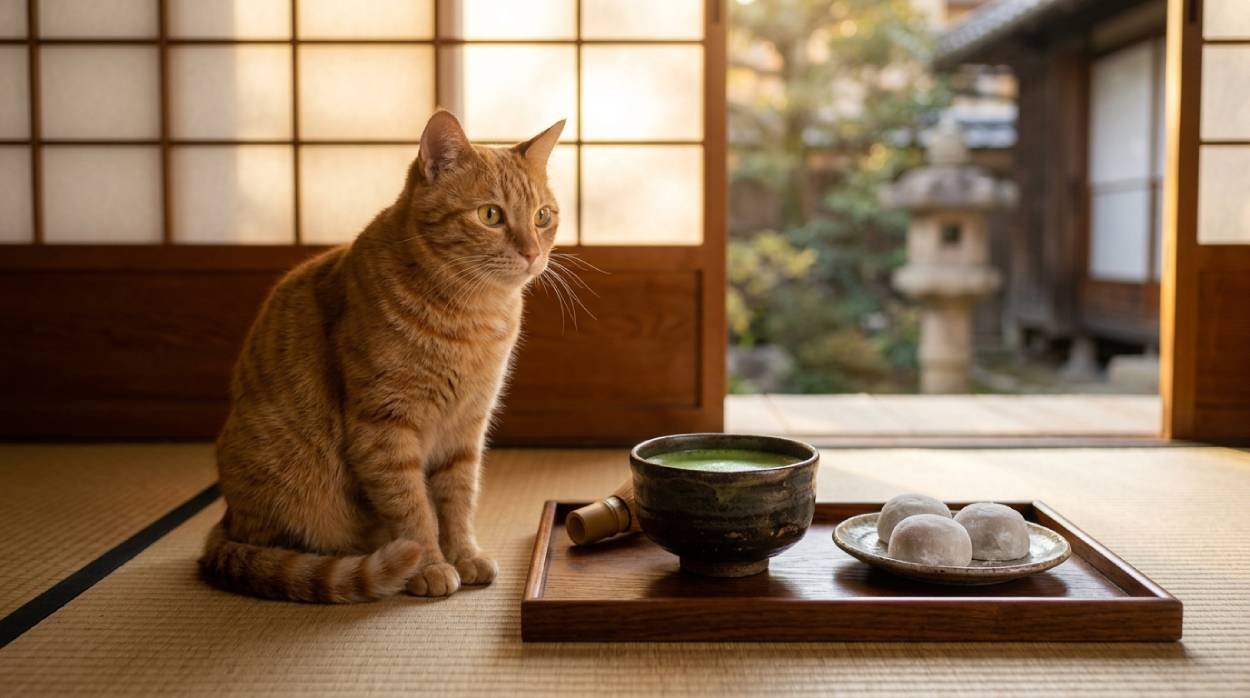 Orange tabby cat beside a bowl of matcha and mochi on a tatami mat, Japanese food names for cats
