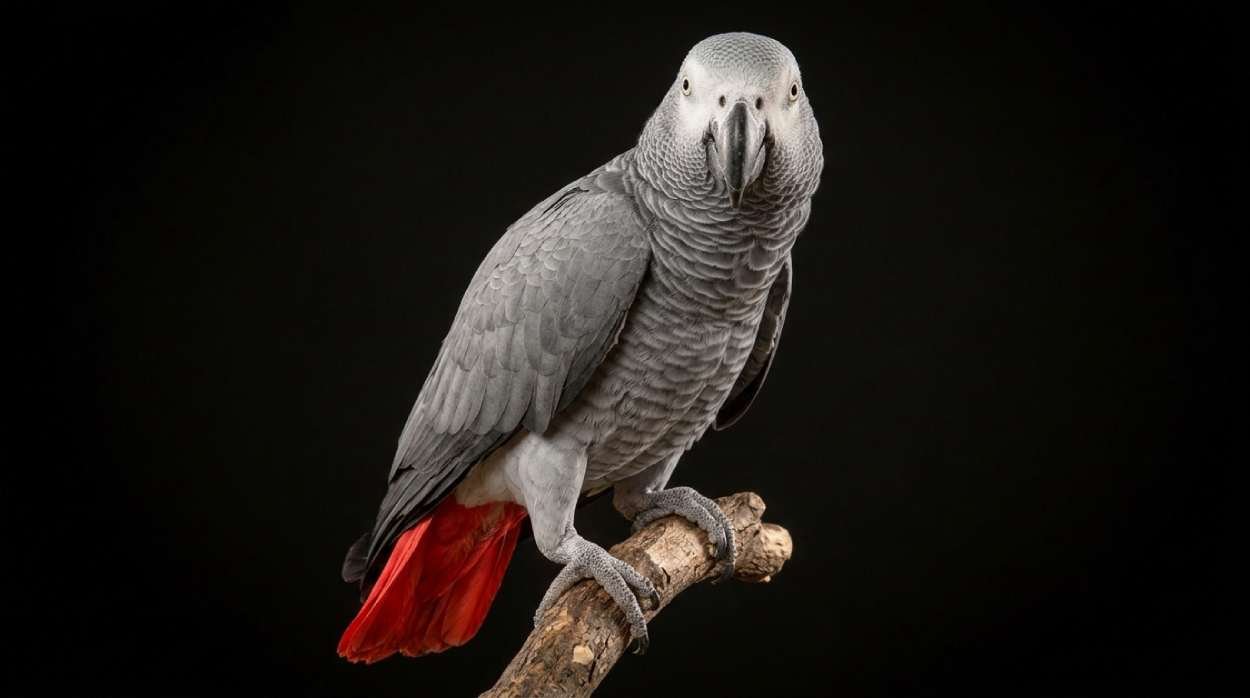 African grey parrot with silver feathers and a red tail looking at the camera, ideal for talking parrot names
