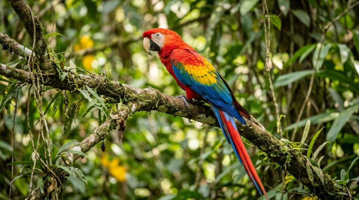Scarlet macaw perched on a branch with vivid red, yellow and blue feathers, representing the best parrot names