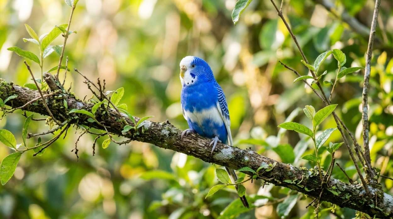 Blue and white budgie perched on a branch in soft morning light, representing the best pet bird names