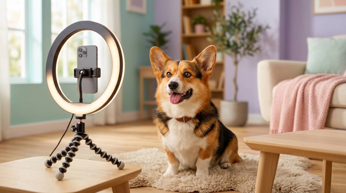 Corgi posing in front of a ring light and a smartphone on a tripod, inspiration for pet Instagram names