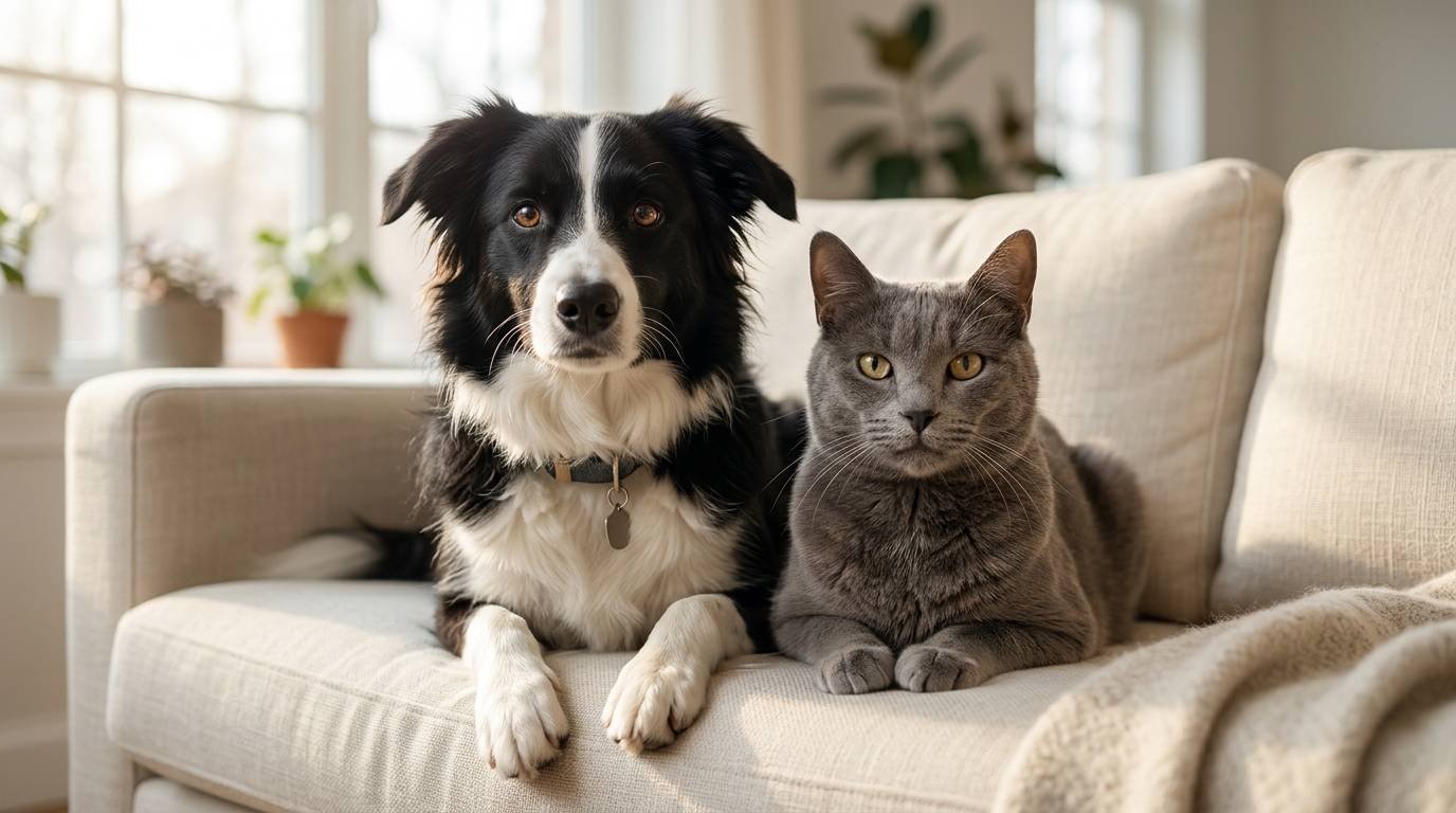 Dog and cat sitting side by side on a sofa, a match for duo pet Instagram names like Salt and Pepper