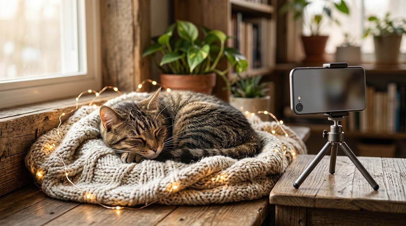 Tabby cat in a cozy corner with a phone on a tripod, a match for pet Instagram names like Willa and Juniper