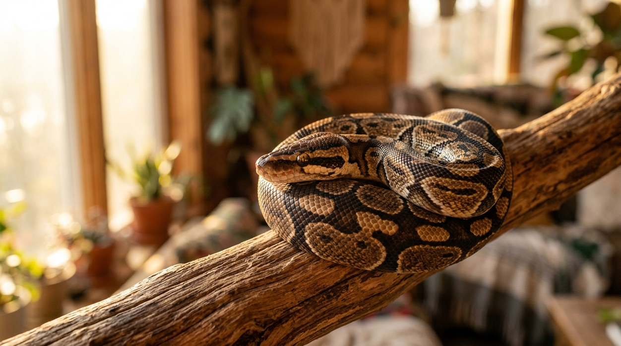 Calm ball python coiled on warm wood in soft light, representing the best pet snake names