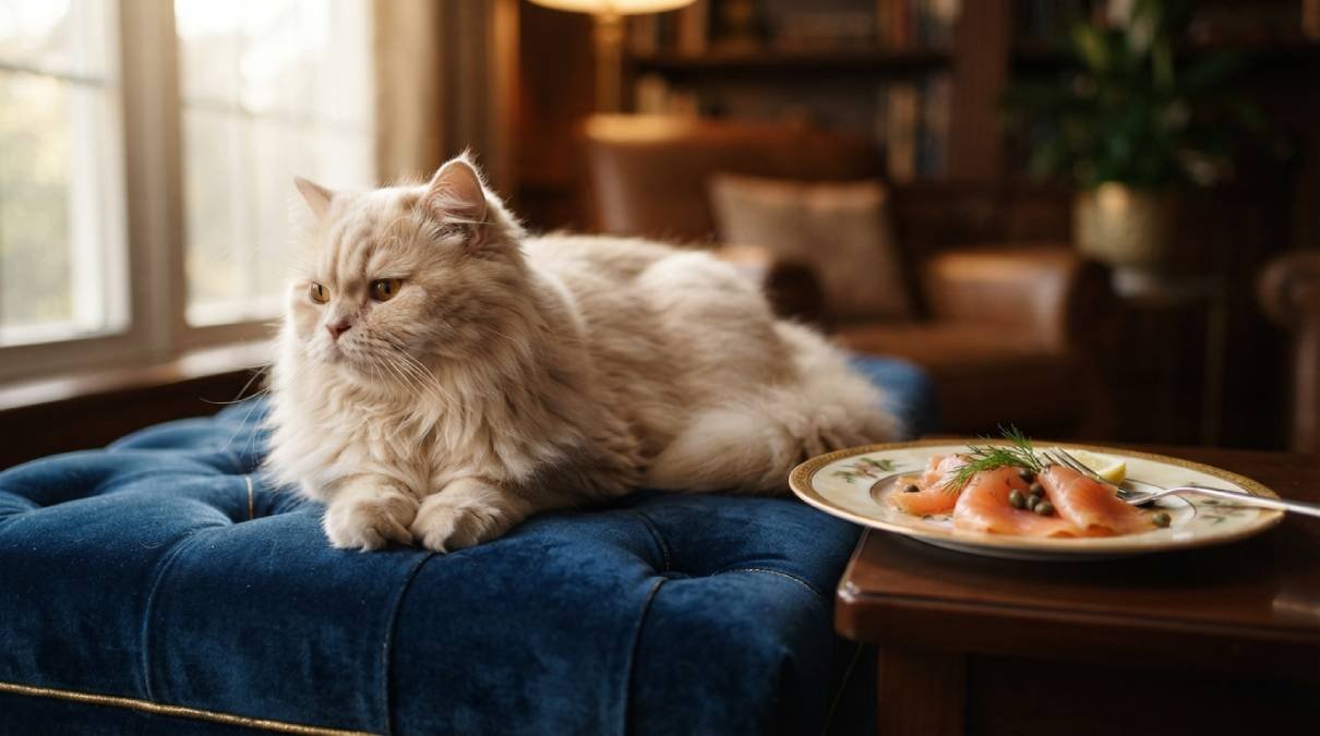 Fluffy cream cat on a velvet cushion beside a small plate of smoked salmon, representing posh house cat names like Ponce