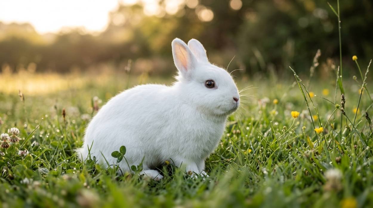 Fluffy white rabbit sitting in soft sunlight, representing the best rabbit names and bunny names