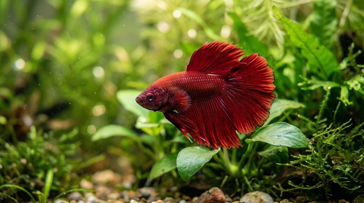 Red betta fish with deep crimson fins swimming in a planted tank, ideal for red betta fish names like Ember or Ruby