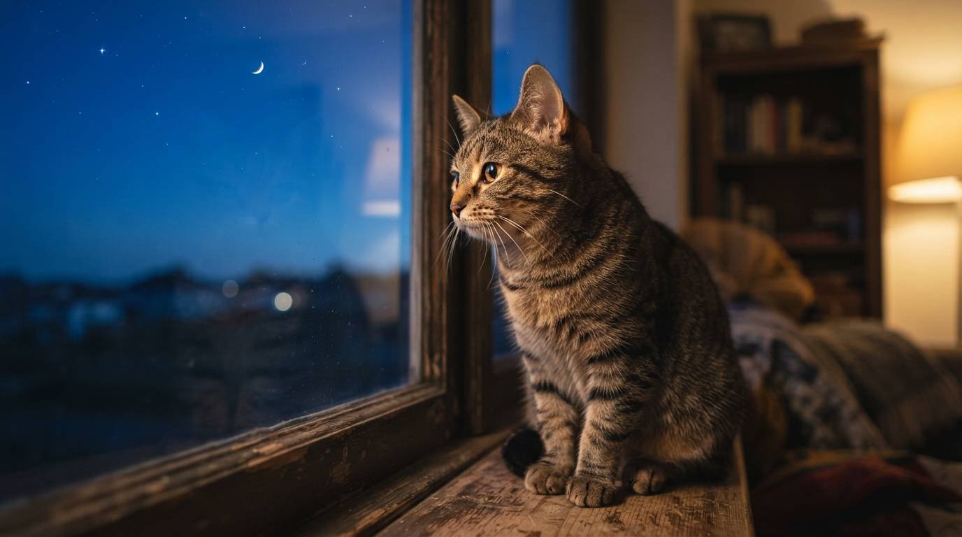 Curious tabby cat on a windowsill at dusk watching the stars, a fit for Sagittarius cat names like Artemis