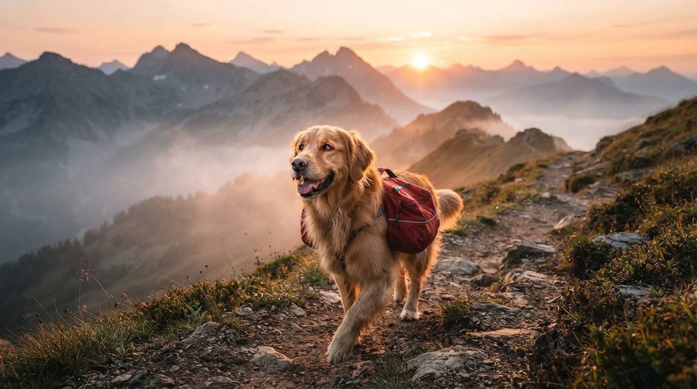 Golden retriever hiking on a mountain trail at sunrise, a great match for adventurous Sagittarius dog names like Atlas and Nomad