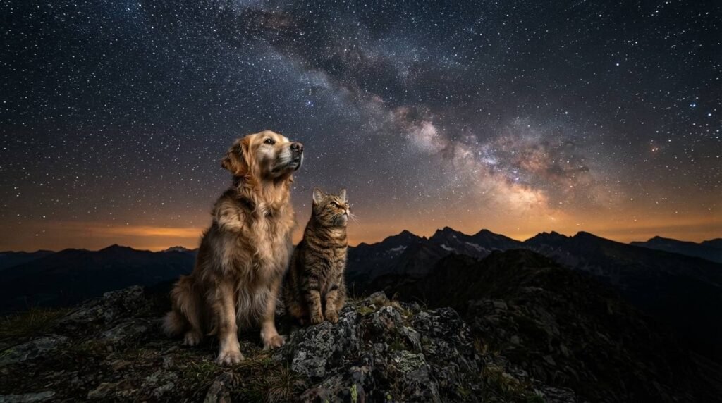 Adventurous dog and cat looking up at the Milky Way and the Sagittarius constellation, inspiration for Sagittarius pet names