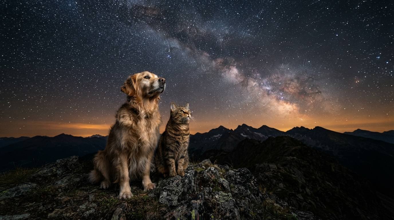 Adventurous dog and cat looking up at the Milky Way and the Sagittarius constellation, inspiration for Sagittarius pet names