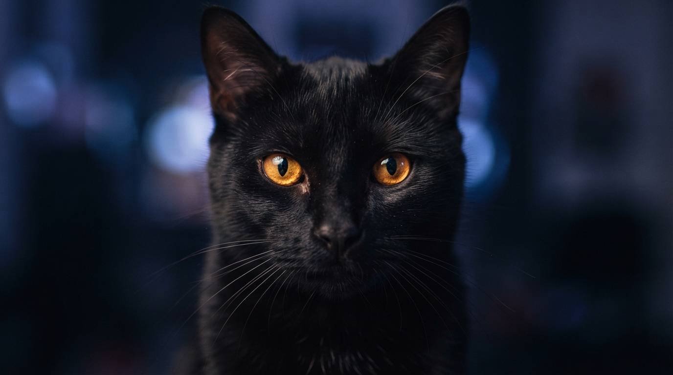 Black cat with glowing amber eyes, a perfect match for Scorpio cat names like Shaula and Lesath