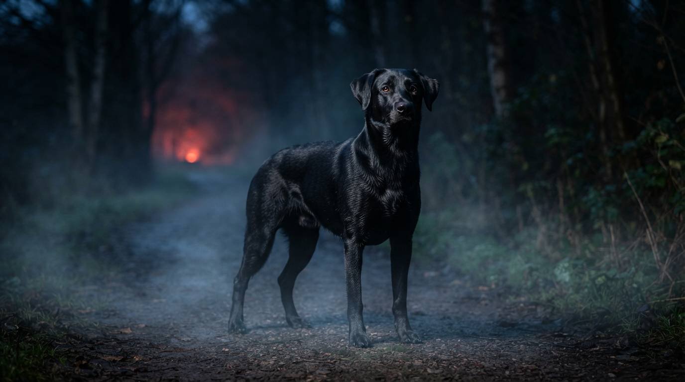 Large black dog standing in a misty night, inspiration for Scorpio dog names like Kerberos