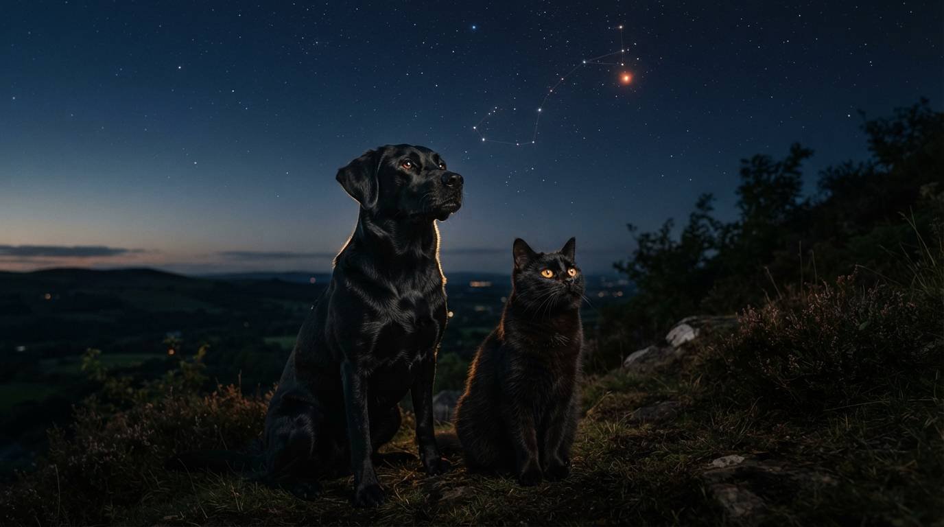 Black dog and black cat looking up at the Scorpius constellation, inspiration for Scorpio pet names