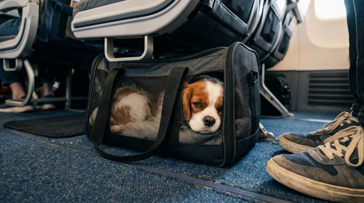 Small dog resting calmly in a soft airline carrier under an airplane seat