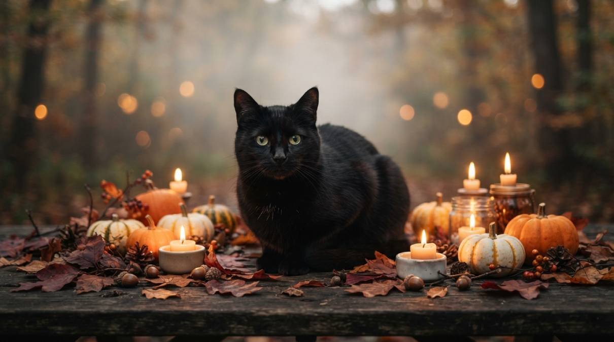 Black cat sitting among small pumpkins and candlelight, ideal for spooky and witchy black cat names