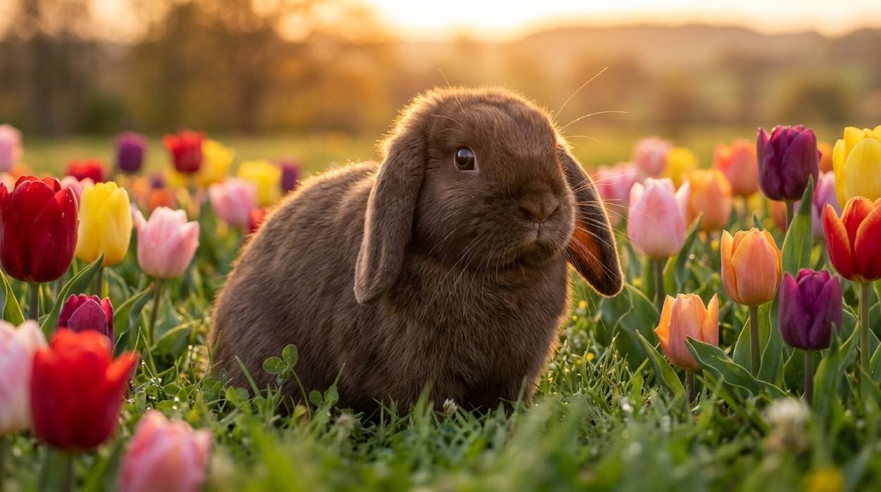 Brown rabbit sitting among colorful spring tulips, ideal for spring and Easter bunny names like Tulip or Daffodil