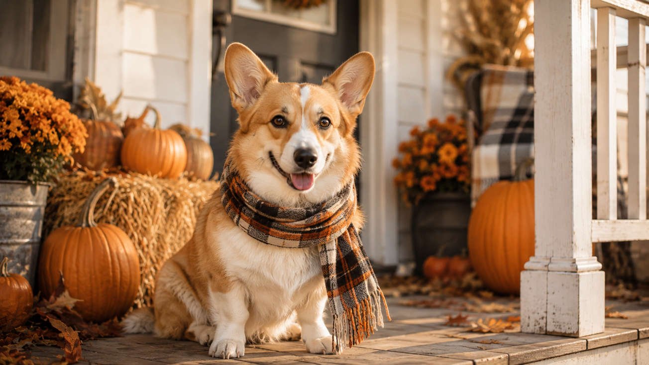 Corgi wearing a plaid scarf on a fall porch with pumpkins, a match for cozy Thanksgiving pet names like Plaid and Flannel
