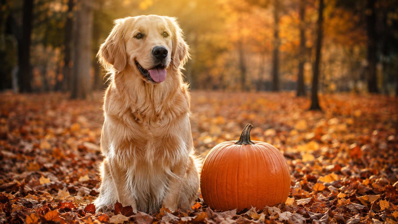 Golden Retriever sitting beside a pumpkin in autumn leaves, inspiration for Thanksgiving pet names