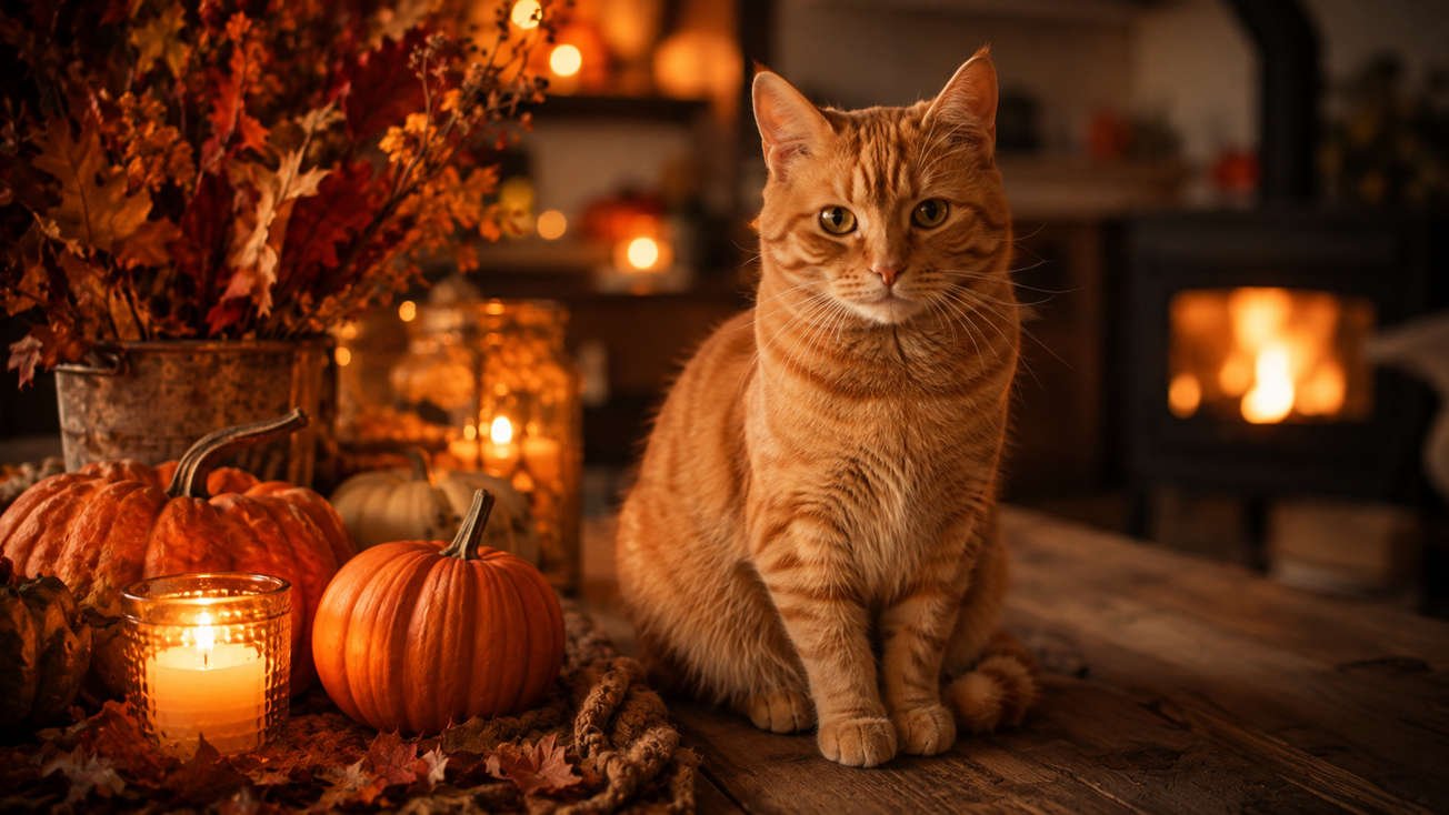 Tabby cat sitting on a fall table with pumpkins and candles, a match for Thanksgiving pet names like Pumpkin and Nutmeg