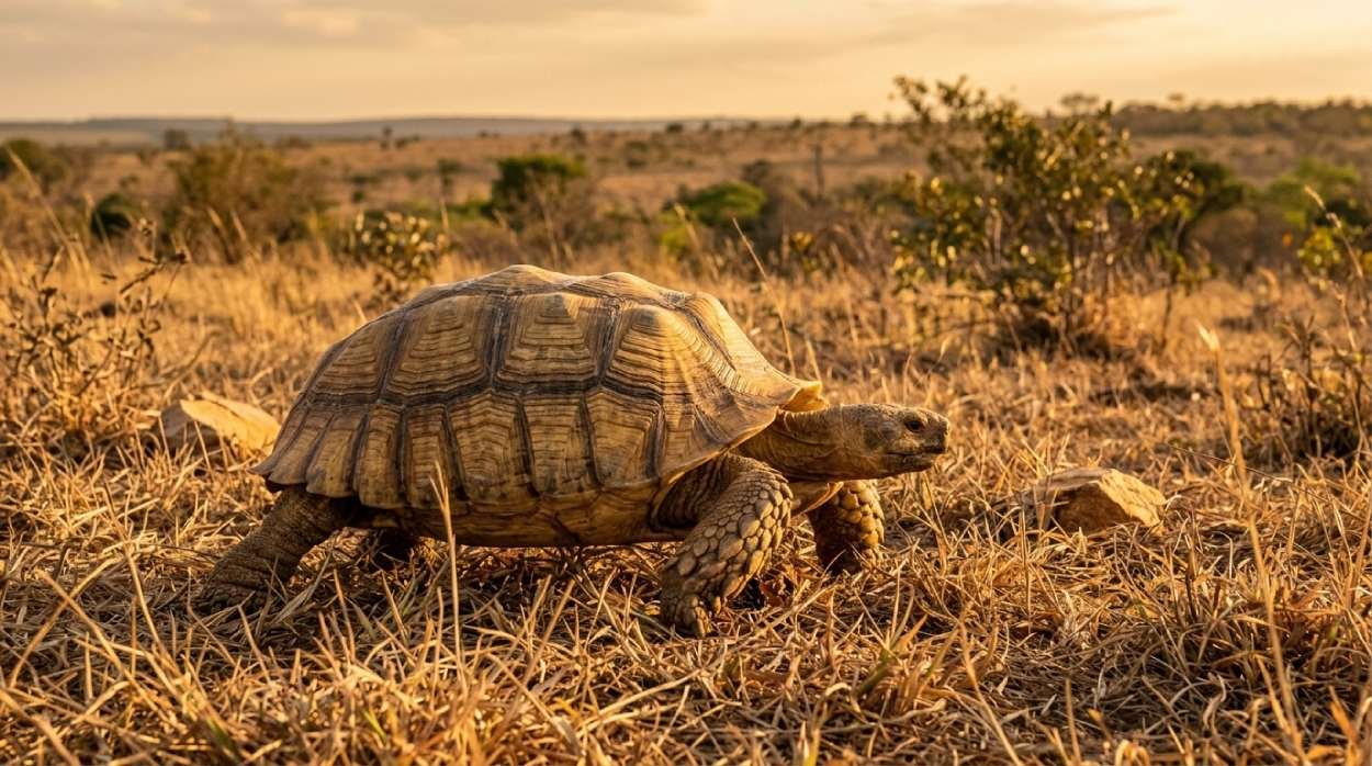 Sulcata tortoise with a domed shell walking on dry grass, ideal for tortoise names like Tank or Dune