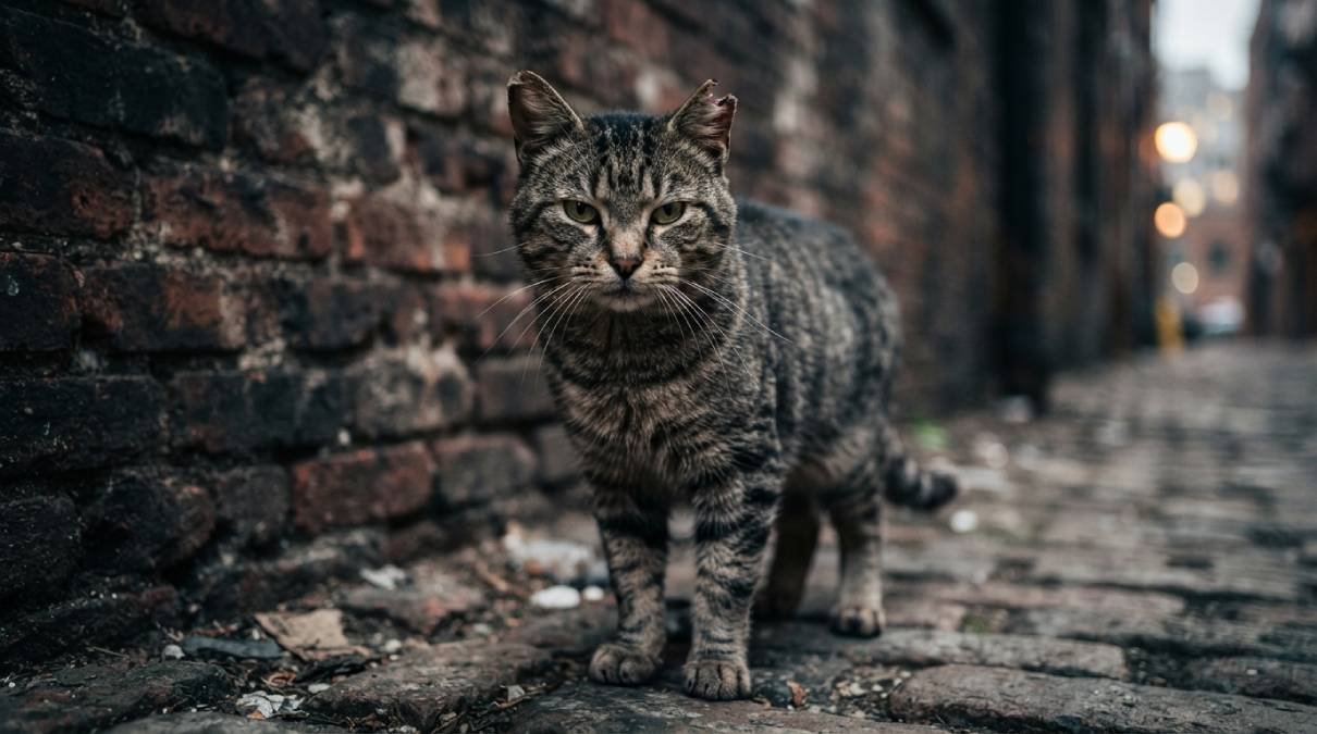 Scrappy gray tabby alley cat with a scarred ear and fierce stare, inspiring tough alley cat names like Fang
