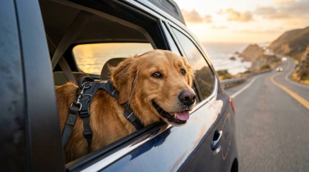 Happy golden retriever looking out a car window on a road trip, traveling with a dog