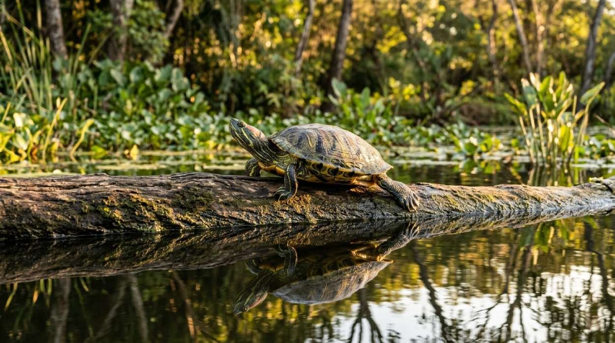 Red-eared slider turtle resting on a log in warm sunlight, representing the best turtle names and tortoise names
