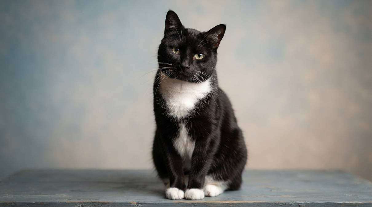 Tuxedo cat with a white chest and paws sitting upright, a black-and-white cat inspiring tuxedo cat names